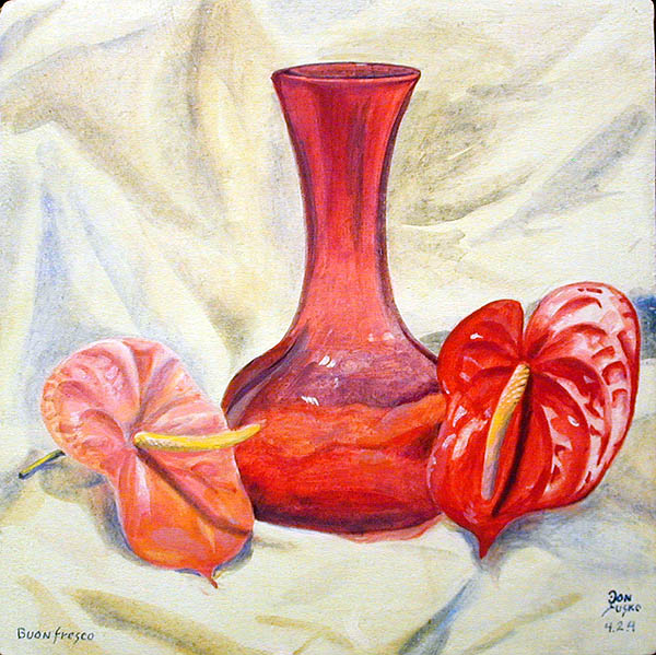 Pink Anthurium Red Vase
